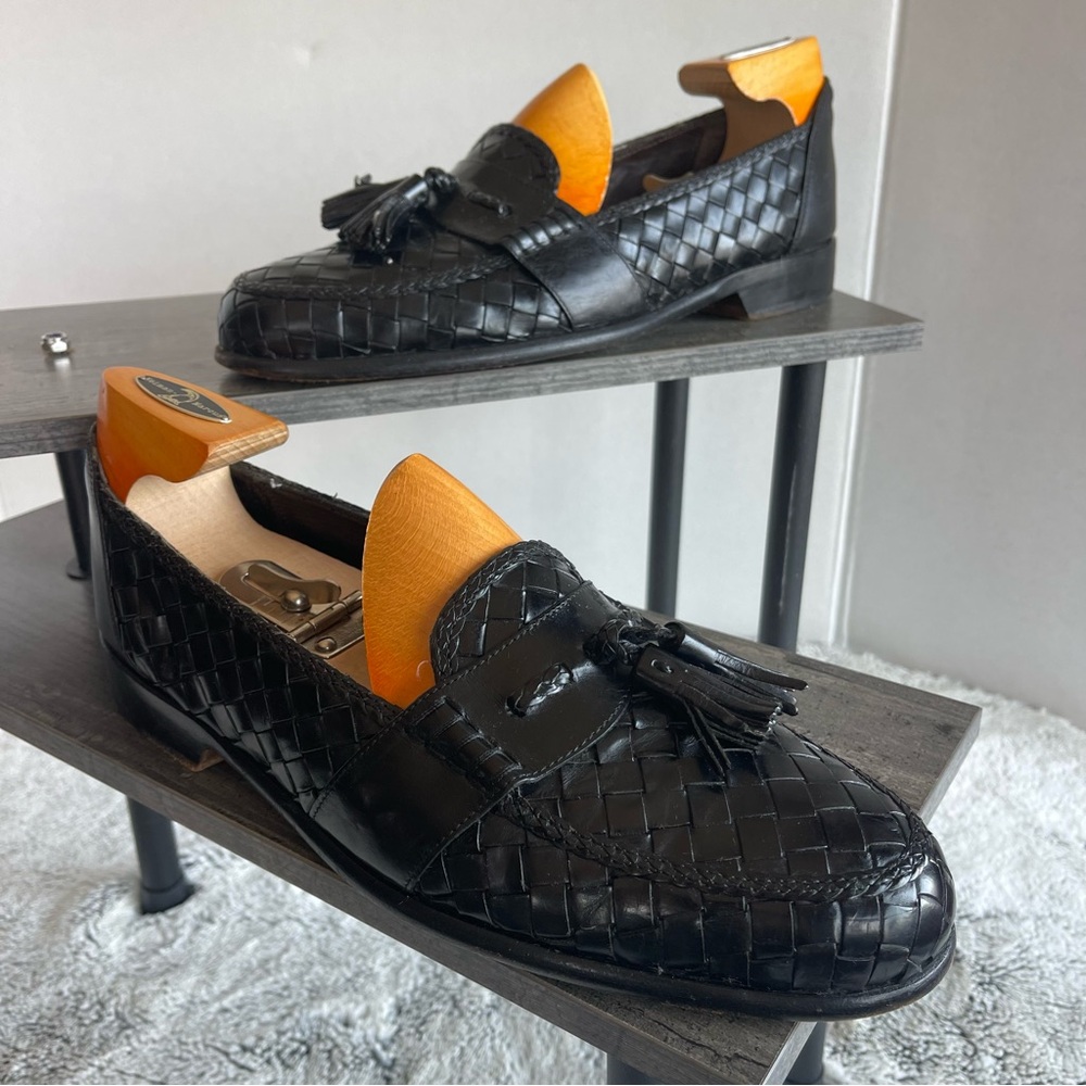 Bragano Black Woven Leather Tassel Loafers Men Size 9.5